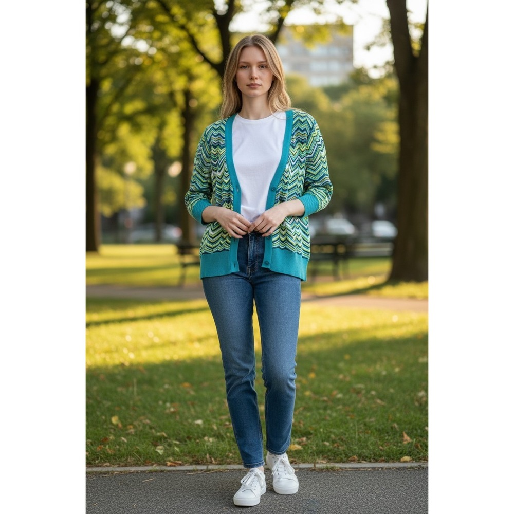 Kim Rogers Women 16W Chevron Knit Cardigan Sweater Blue Green Button Front Plus